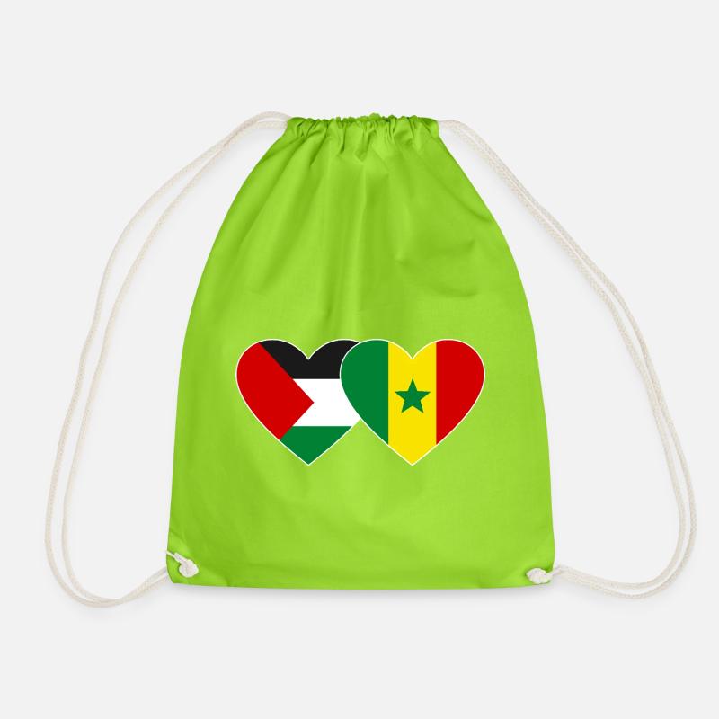 Palestine Senegal Flag Heart - Drawstring Bag - neon green