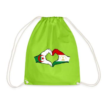 Tajikistan Algeria Flag Hands Heart Shape - Drawstring Bag - neon green - Front