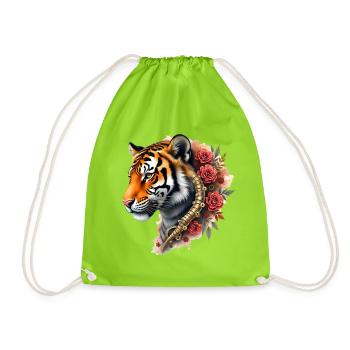 Steampunk Tiger with Roses and Gears - Drawstring Bag - neon green - Front