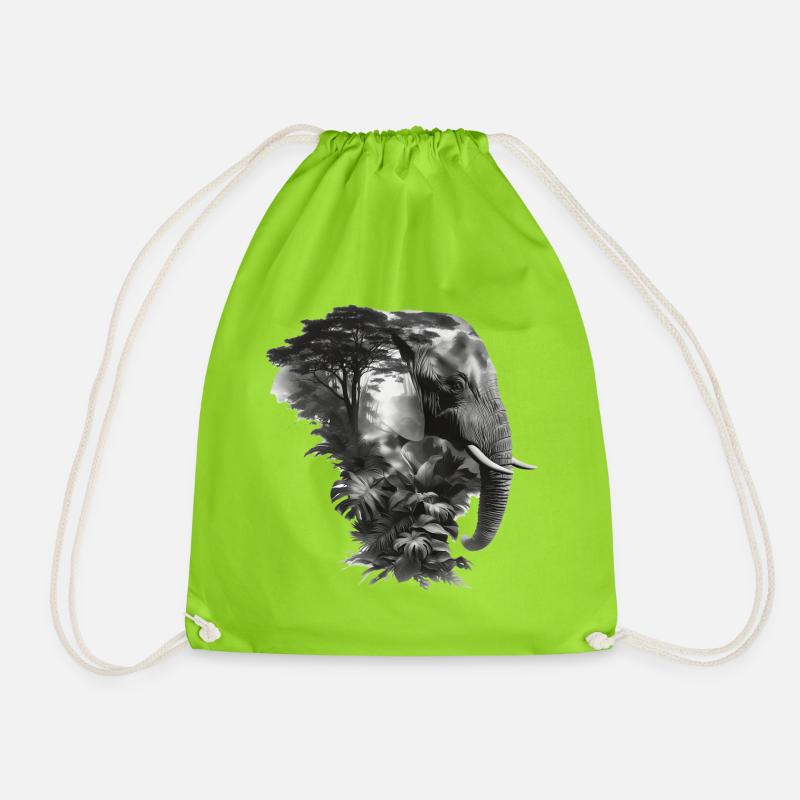 Elephant Jungle Silhouette Double - Drawstring Bag - neon green