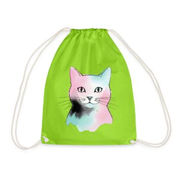 Pastel Cat Watercolors - Drawstring Bag - neon green - Front