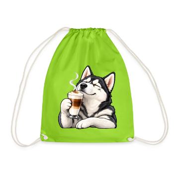 Husky mit Latte Macchiato – Kaffeepause - Turnbeutel - Neongrün - Vorne