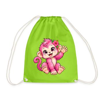 Kawaii-rosa Affe mit tropischer Blume - Turnbeutel - Neongrün - Vorne