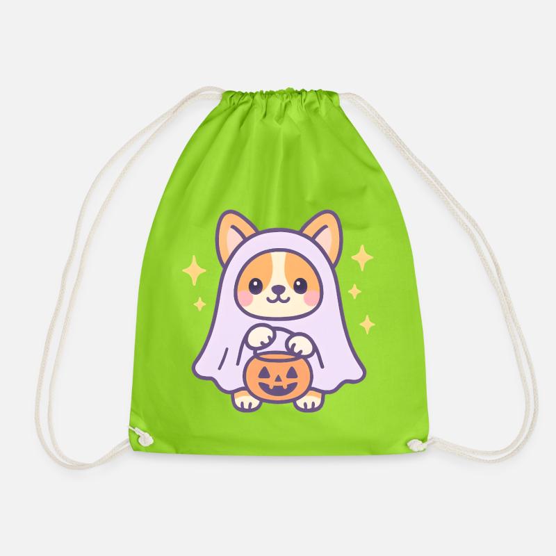 Pumpkin Ghost Corgi - Drawstring Bag - neon green