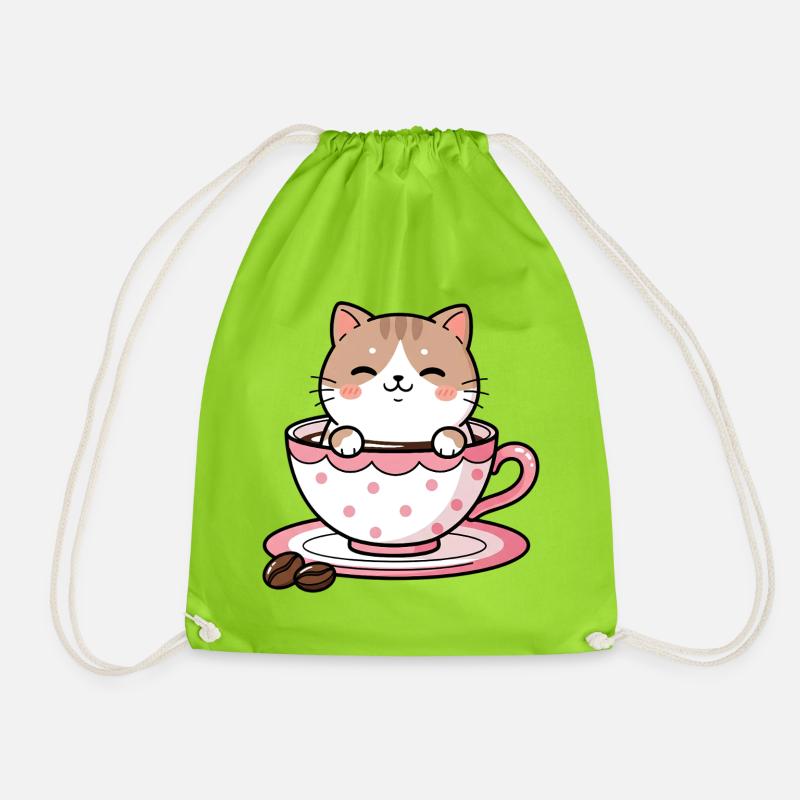 Cozy Cat in Pink Teacup - Drawstring Bag - neon green
