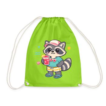 Raccoon on the beach with drink - Drawstring Bag - neon green - Front