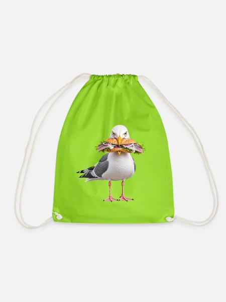 Silbermoewe-mit-Fischbroetchen Möwe - Turnbeutel - Neongrün
