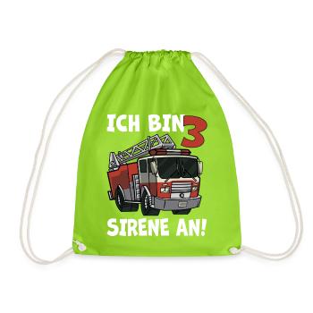 3 Geburtstag Feuerwehr Sirene Feuerwehrauto Motiv - Turnbeutel - Neongrün - Vorne