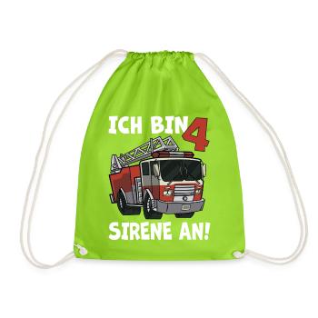 4 Geburtstag Feuerwehr Sirene Feuerwehrauto Motiv - Turnbeutel - Neongrün - Vorne