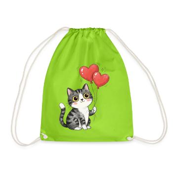 Süße Katze Herz Luftballon Katzenliebe T-Shirt - Turnbeutel - Neongrün - Vorne