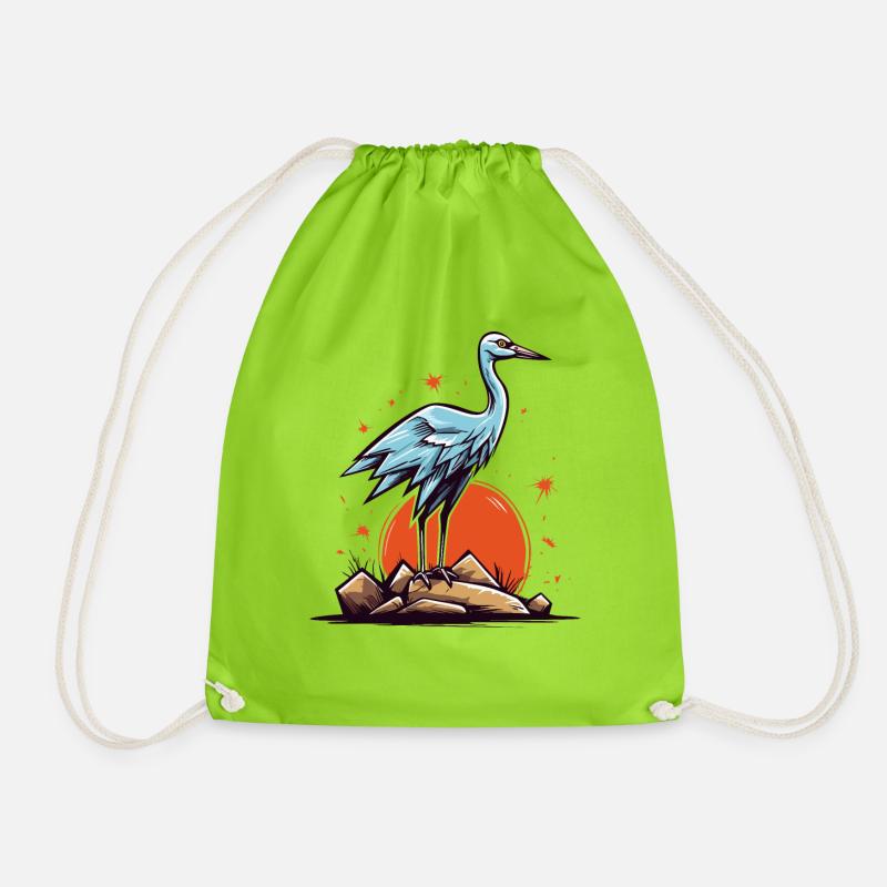 Graureiher oder Storch Vogel und eine rote Sonne - Turnbeutel - Neongrün