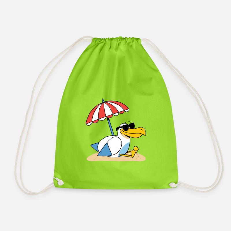 Sunny Beach Seagull with Umbrella - Drawstring Bag - neon green
