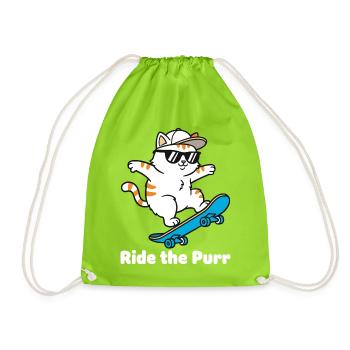 PurrRide Skate Cat with Sunglasses - Drawstring Bag - neon green - Front
