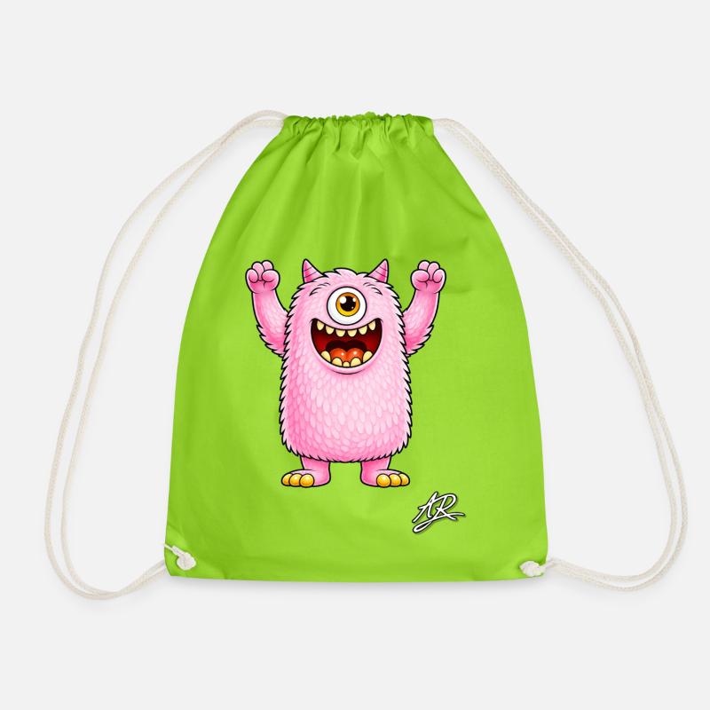 Pink monster with a cheerful eye - Drawstring Bag - neon green