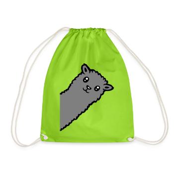 Gray Alpaca Llama Head Curious Funny Look - Drawstring Bag - neon green - Front