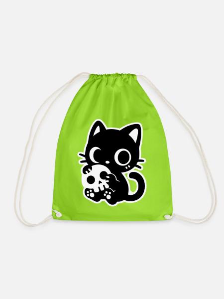 Cute Scary Cat with Skull | Kawaii Spooky Mot - Drawstring Bag - neon green