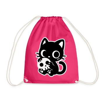 Cute Scary Cat with Skull | Kawaii Spooky Mot - Drawstring Bag - fuchsia - Front
