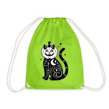 Halloween Katze Kürbiskostüm - SW mit Sternen - Turnbeutel - Neongrün - Vorne