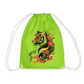 Jugendstil - bunter Tiger und Blumen - Turnbeutel - Neongrün - Vorne