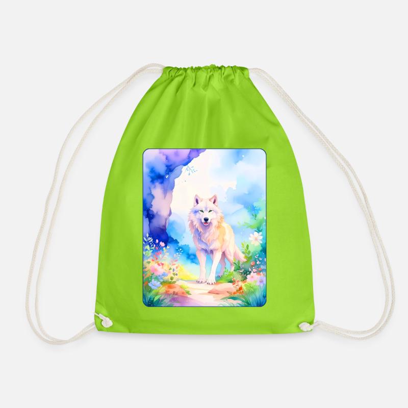 White wolf surrounded by flowers - Drawstring Bag - neon green