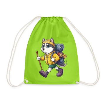 Süßer Husky-Hund Wandern Camping Abenteuer Rucksacktourist - Turnbeutel - Neongrün - Vorne