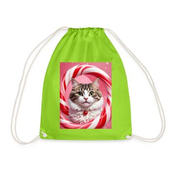 Christmas Cat in Candy Ring Design - Drawstring Bag - neon green - Front