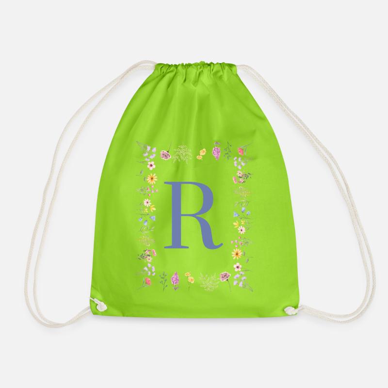 Floral Initials "R", Letters Monogram - Drawstring Bag - neon green