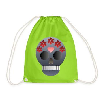 Totenkopf mit Blumen und Herz - Turnbeutel - Neongrün - Vorne