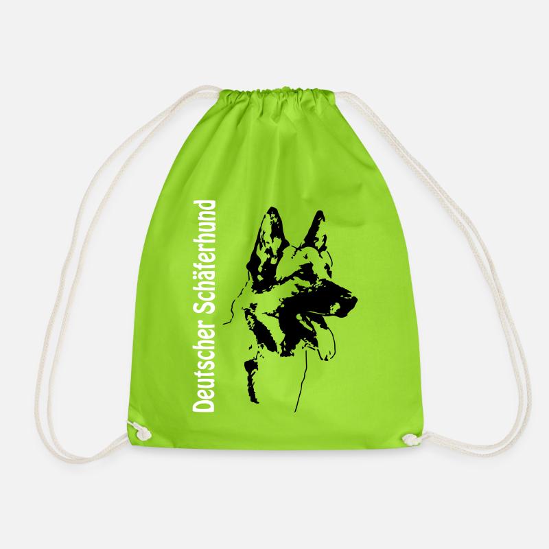 German Shepherd Dog Portrait with writing, right - Drawstring Bag - neon green