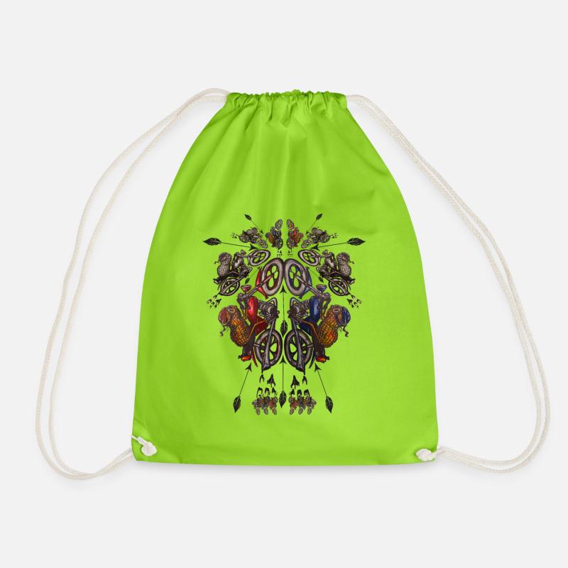 peanut loves driving motorcycle by Mrs-Erdnuss - Drawstring Bag - neon green