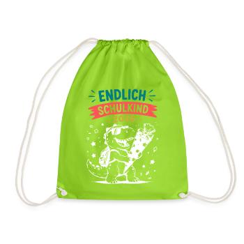 Endlich Schulkind 2026 Dino - Turnbeutel - Neongrün - Vorne