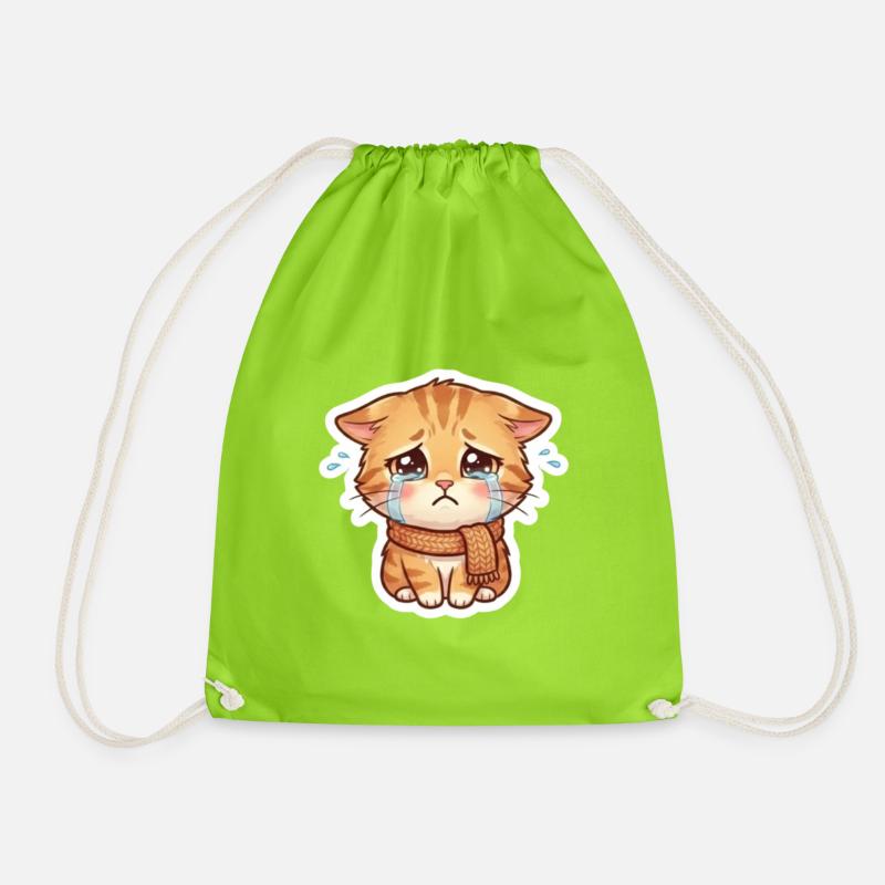 Crying Kitten with Scarf - Drawstring Bag - neon green