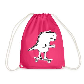 Dino Skateboard Cartoon, Cool Dinosaur Nerd Kids - Drawstring Bag - fuchsia - Front