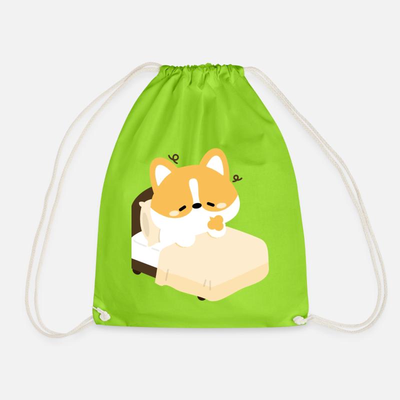 Tired Corgi on Bed - Drawstring Bag - neon green