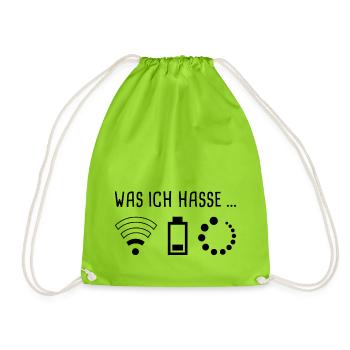 Was ich Hasse - WiFi, Akku, Ladebalken - Turnbeutel - Neongrün - Vorne