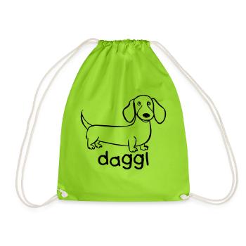 Kinderzeichnung Daggl, Dackel, Dachshund - Turnbeutel - Neongrün - Vorne