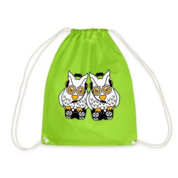 2 Gamer Owls Play Team Friends Two Player Duo - Drawstring Bag - neon green - Front