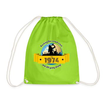 50th Birthday Rocking the crowd since 06/1974 - Drawstring Bag - neon green - Front
