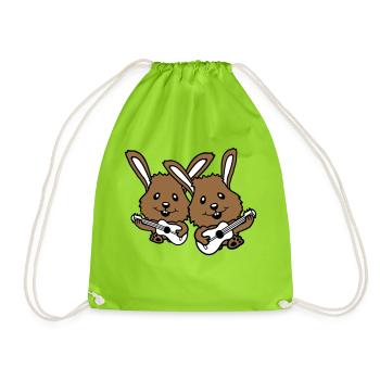 2 Bunnies Friends Team Play Guitar Music Band - Drawstring Bag - neon green - Front