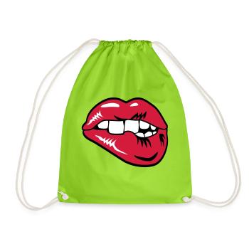 30 Lippen Mund Zähne Biss beißen - Turnbeutel - Neongrün - Vorne