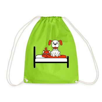 Dog Bed Cat Two Friends Team Kitten 2 Crew - Drawstring Bag - neon green - Front