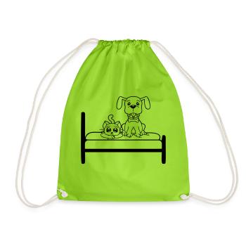 Dog Bed Cat Two Friends Team Kitten 2 Crew - Drawstring Bag - neon green - Front