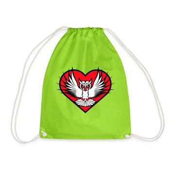 Owl Heart Symbol Shape Bird Love Eagle Owl Flying Cool - Drawstring Bag - neon green - Front
