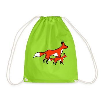 2 Foxes Mother Red Fox Little Child Father Mom - Drawstring Bag - neon green - Front