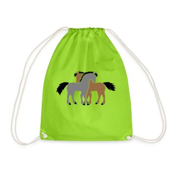 2 Pferde Team Pony Fohlen Pärchen Verliebt Freunde - Turnbeutel - Neongrün - Vorne