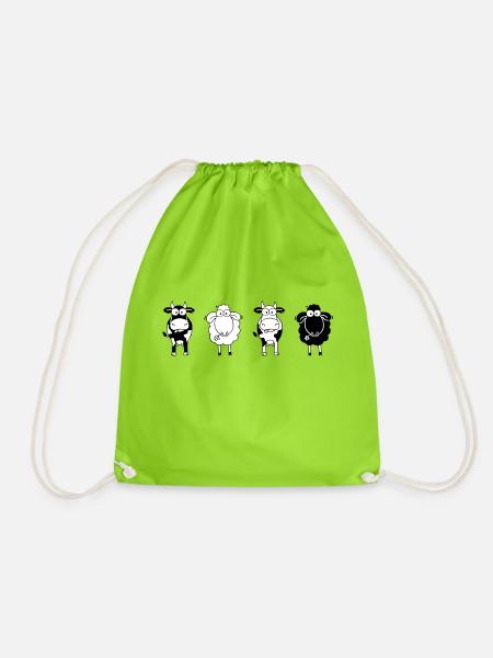 Cows and sheep in black and white - Drawstring Bag - neon green