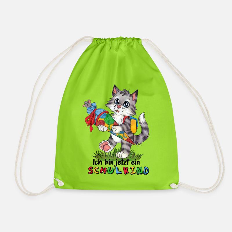 Ich bin ein Schulkind Kätzchen mit Zuckertüte - Turnbeutel - Neongrün