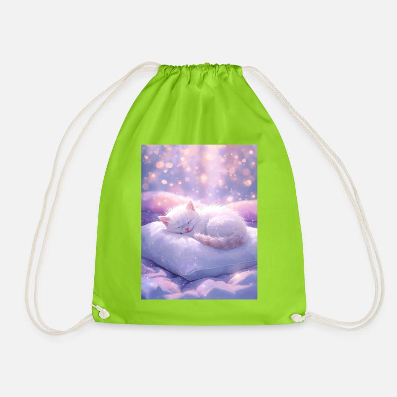 Dreamy Sleeping Cat with Sparkling Background - Drawstring Bag - neon green