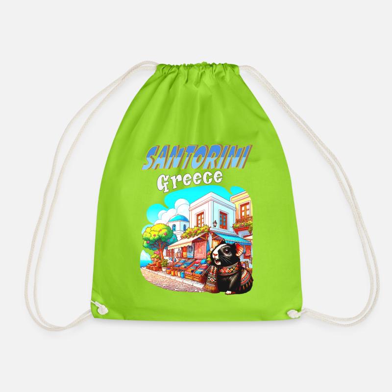 Guinea Pig Adventures in Santorini Greece - Drawstring Bag - neon green