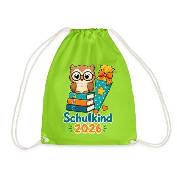 Schulkind 2026 Eule Einschulung - Turnbeutel - Neongrün - Vorne